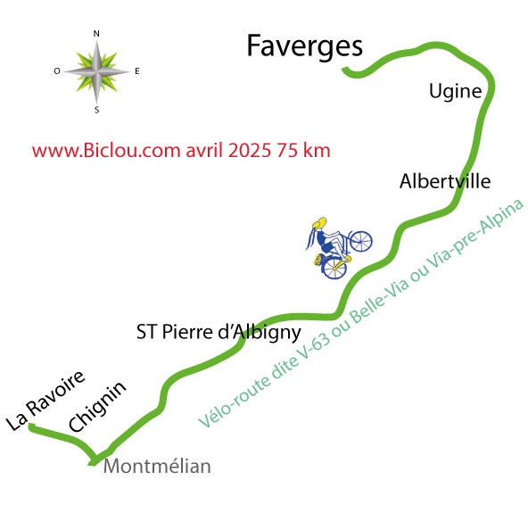 Carte parcours cycliste de la Ravoire à Faverges par Chignin (Gravelle) et la combe de Savoie (V-62)