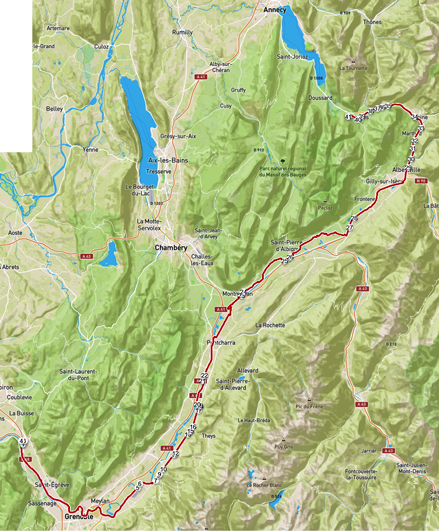Carte d'un parcours cycliste de Faverges à Grénoble passant par la Combe de Savoie le Grésivaudan en mars 2025