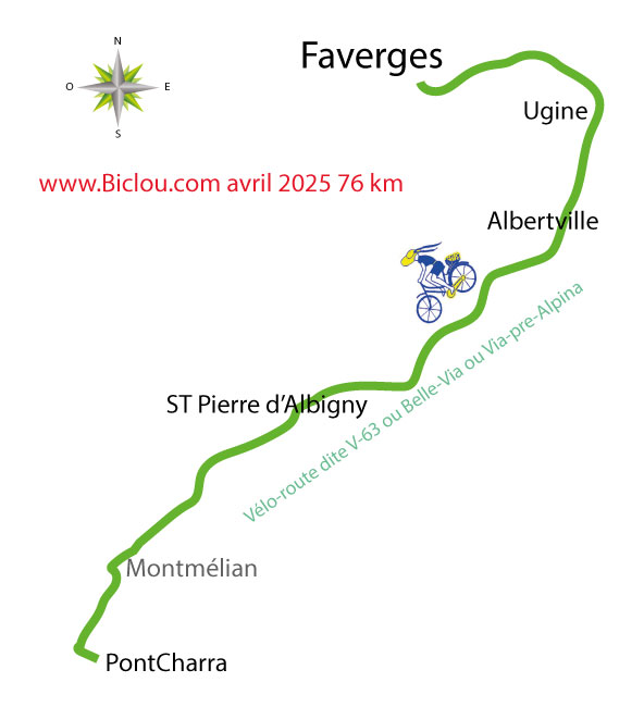 carte parcours à bicyclette sur le vélo-route V-63 dite Bella-Via de Faverges à Montmélian en avril 2025