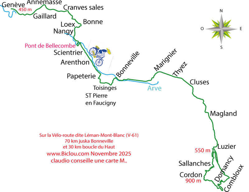 carte parcours vallee Arve à Bicyclette par claudio de la Faverges en 2025