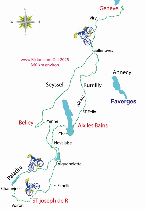Carte parcours Bambée de Genève à Voiron, à la recheche du parcours vélo-route dite Via-cinq-lacs : octobre 2025
