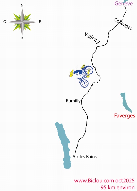 Carte parcours Bambée sur vélo-route des cinq lacs ; Etape Une Genève Rumilly Grésy sur Aix (Octobre 2025)