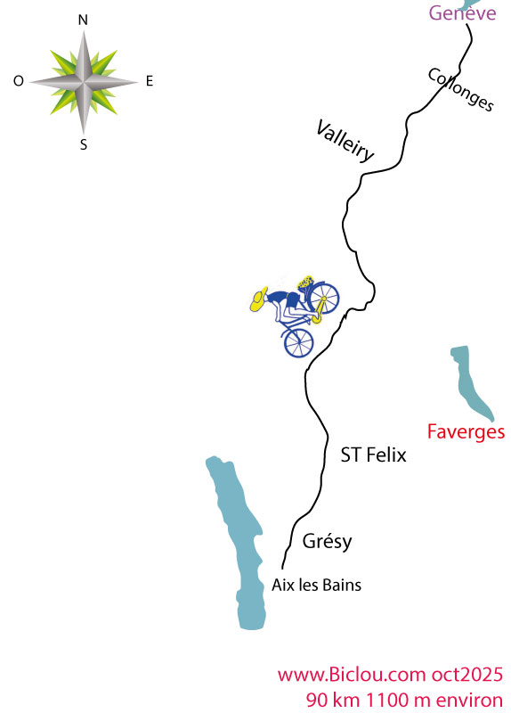 Carte parcours cycliste de Genève à Aoste (F) le long de ViaRhôna en sept 2025