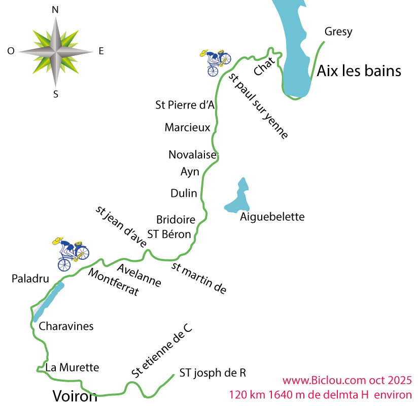 Carte parcours cycliste du claudio en 2025 de Aix les bains Paladru Charavines Voiron saint josèphe  de Rivière