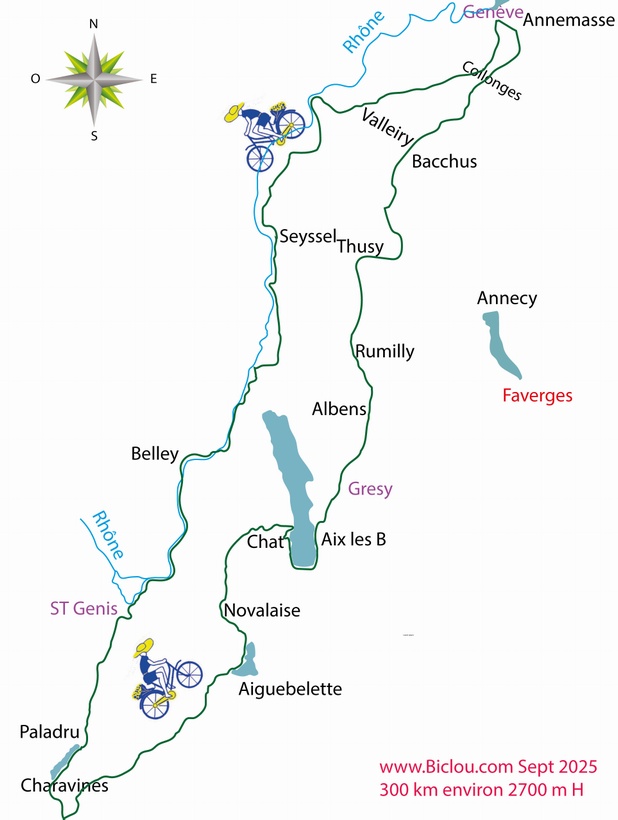 Carte du Parcours de la bambée 2025 du claudio : A la recherche de la vélo-route dite des 5 lacs de Savoie et plus : de Genève à Charavines