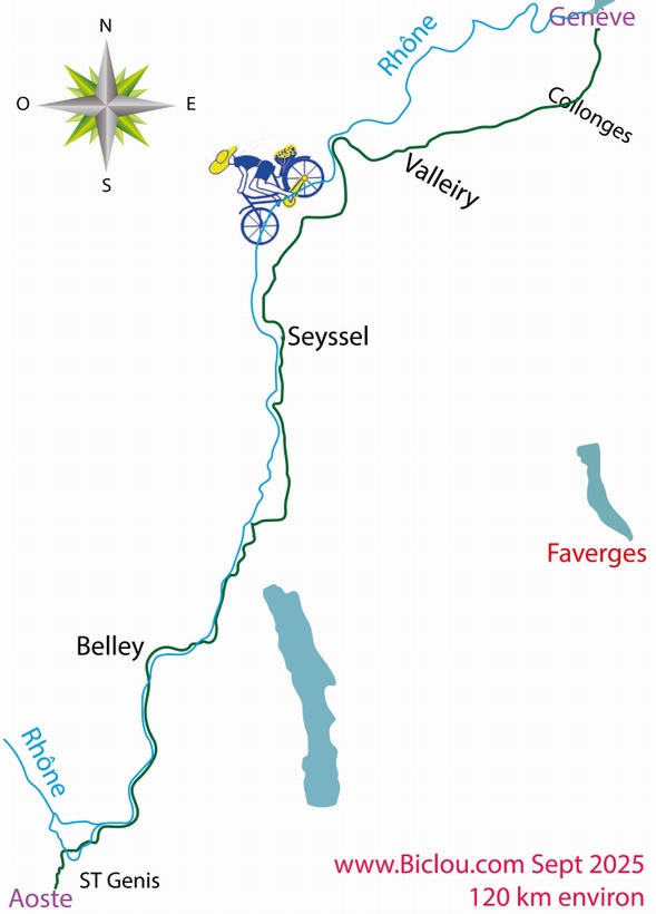 Carte parcours cycliste ; Etape Une : De Genève à Aoste (ViaRhôna)