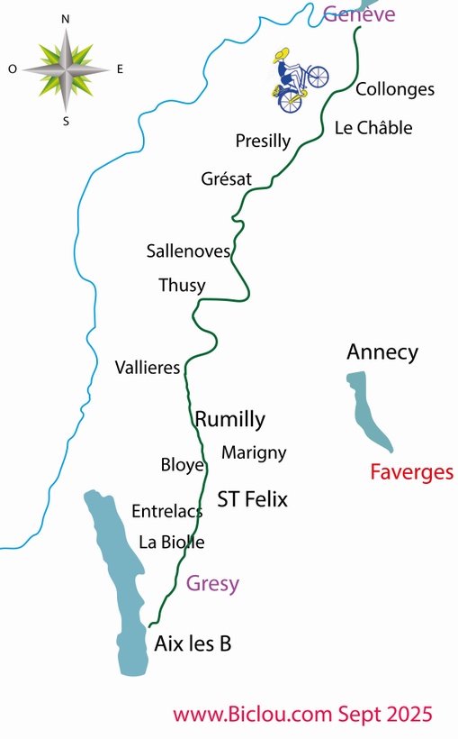 Carte cycliste de Aix les bains à Genève par l'Albanais