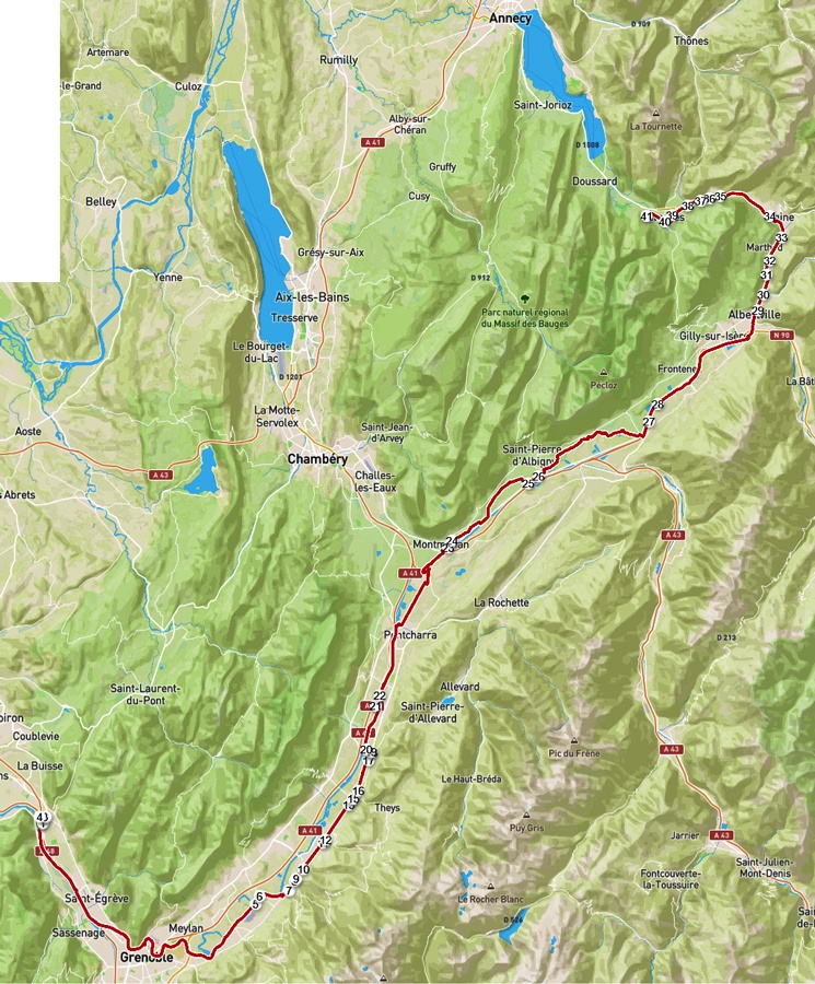 Carte cycliste Voreppe Faverges par la vallée