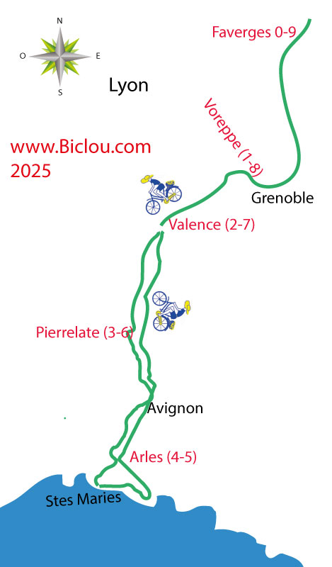 Carte d'un parcours cycliste de Faverges à la mer passant par la combe de savoie le grésivaudan Grenoble et Viarhôna en mars 2025