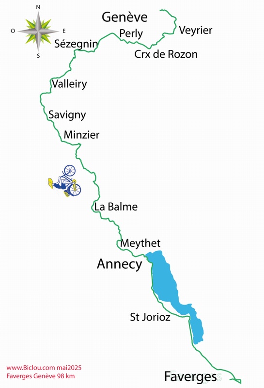 Carte parcours cycliste Faverges Annecy La Balme de Sillingy Monzier Genève ; mai 2025