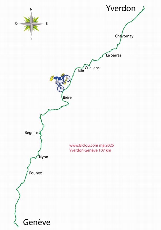 Carte Parcours cycliste retour Yverdon Genève parcours 5 et 50 suisse à vélo (mai 2025)