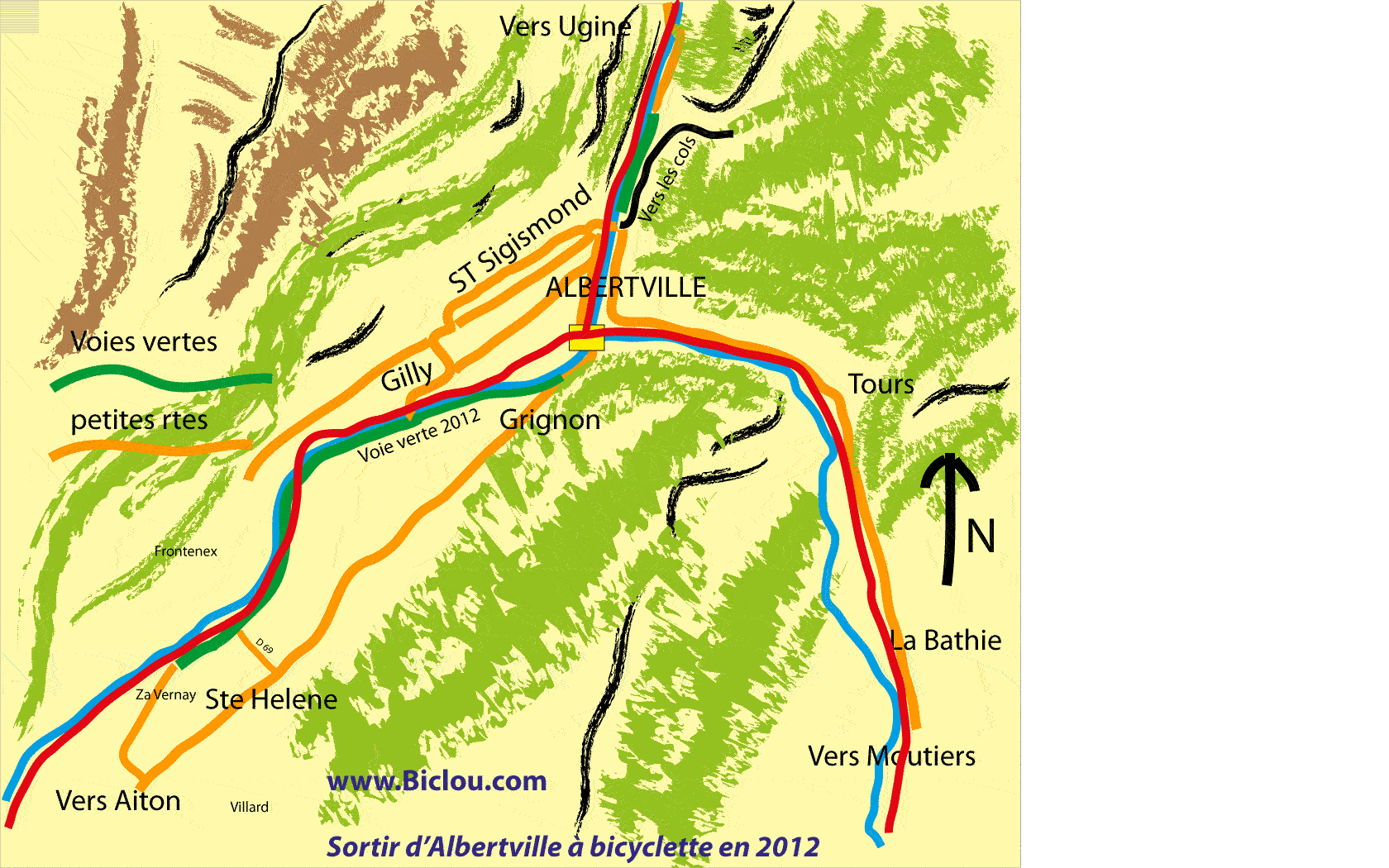 Carte de la traversée d'ALBERTVILLE à vélo et bicyclettes