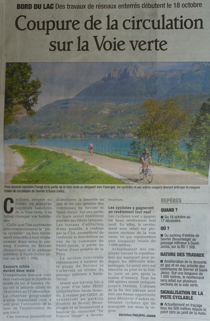article dauphiné coupure travaux voie verte annecy 2010