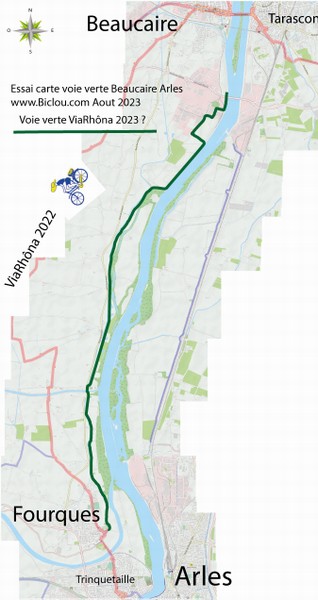 Carte Voie verte Beaucaire-Fourques-Arles ViaRhôna 2023