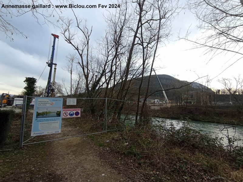 Travaux passerelle Fev 2024 Annemasse bords Arve ; niveau Casino vers Etrembières Migros