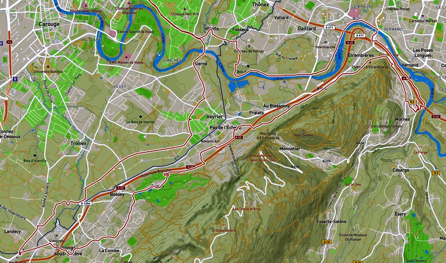Carte cheminement cyclable le long de l'Arve à Annemasse pied Salève (2024)
