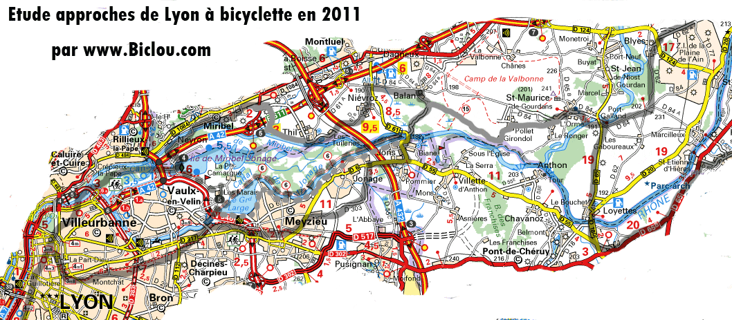 carte approches EST de lyon à bicyclette