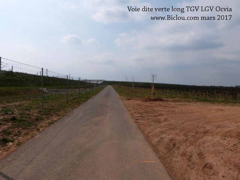 Voie dite verte ou véloroute longeant la ligne LGV de Nimes à Montpellier dite OcVia en mars 2017, près de Manduel Gard