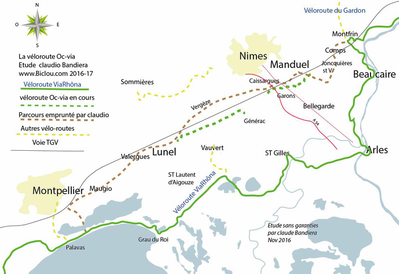 Carte recherche de la voie verte véloroute long de LGV OCVia Nimes montpellier en 2017